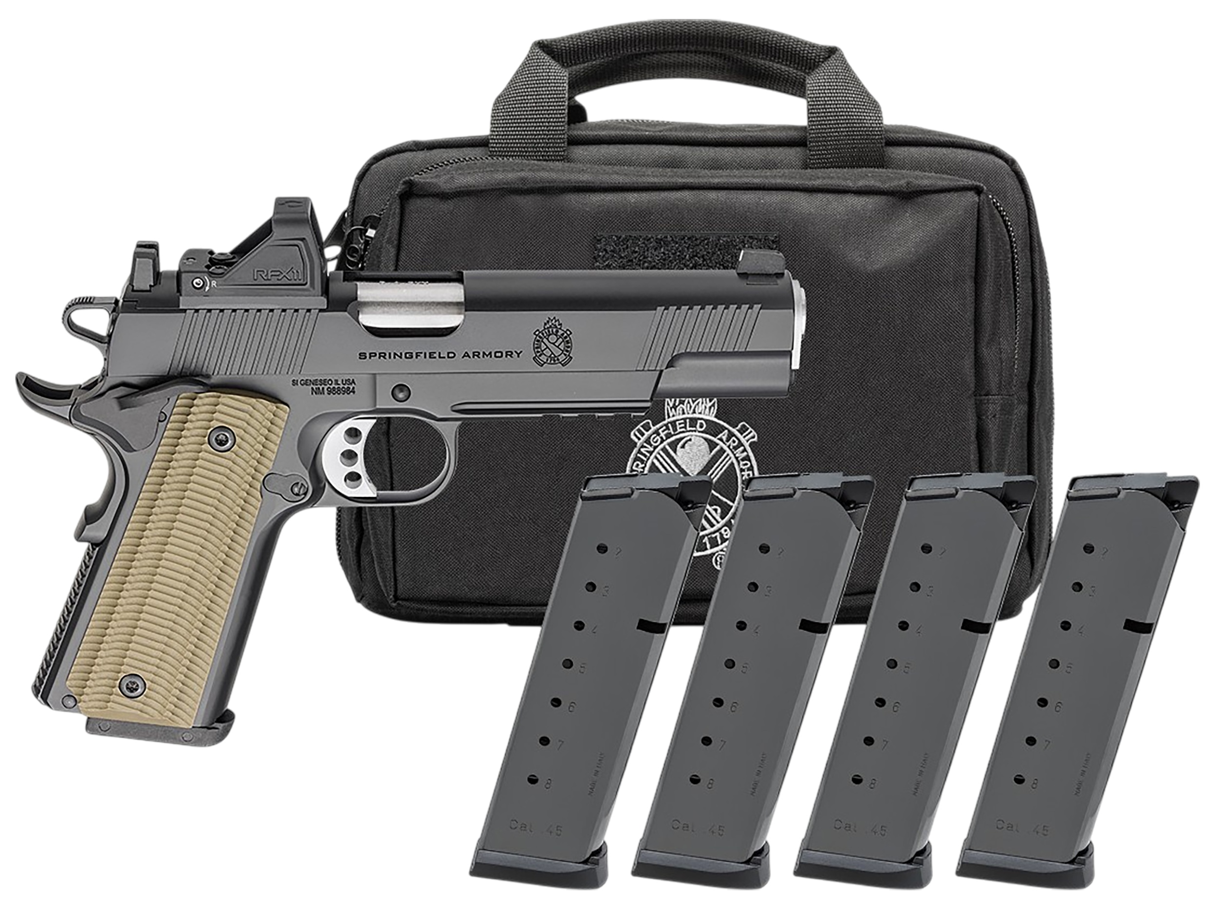 SPRINGFIELD ARMORY 1911 OPERATOR 5" 45ACP PSTL BLK AOS U NOTCH W/ TRITM, VIRIDIAN RFX11,BAG,4 MAGS